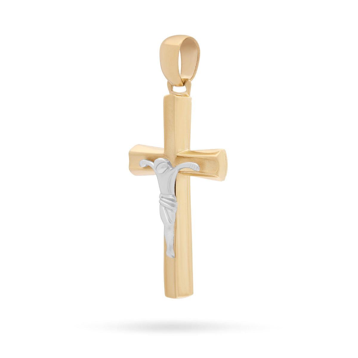 Yellow Gold Crucifix Pendant With Raised Cross and Modern Style White Gold Corpus