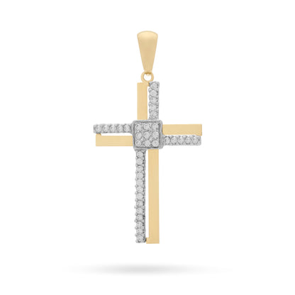 Yellow Gold Double Cross Pendant With White Gold and Cubic Zirconia