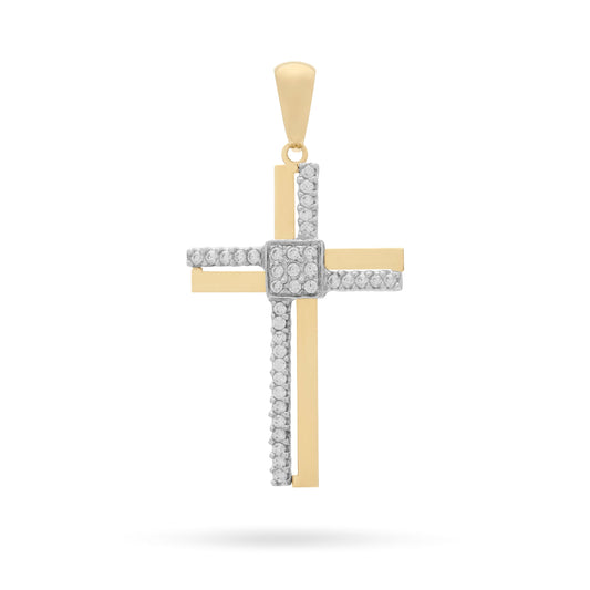 Yellow Gold Double Cross Pendant With White Gold and Cubic Zirconia
