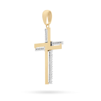 Yellow Gold Double Cross Pendant With White Gold and Cubic Zirconia