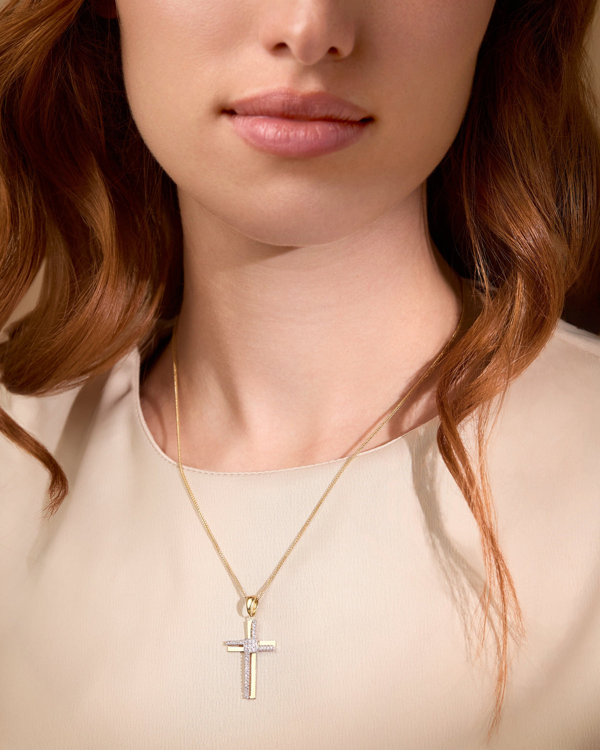 Yellow Gold Double Cross Pendant With White Gold and Cubic Zirconia