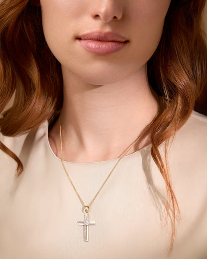 Yellow Gold Double Cross Pendant With White Gold and Cubic Zirconia