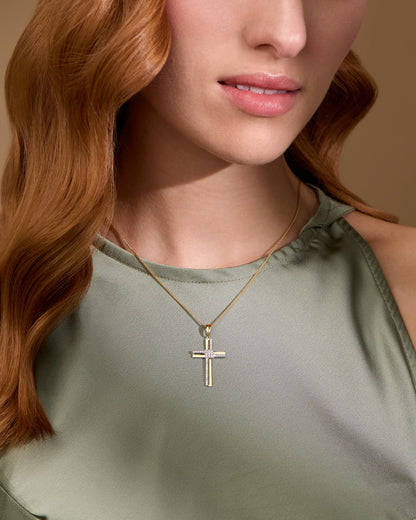 Yellow Gold Double Cross Pendant With White Gold and Cubic Zirconia