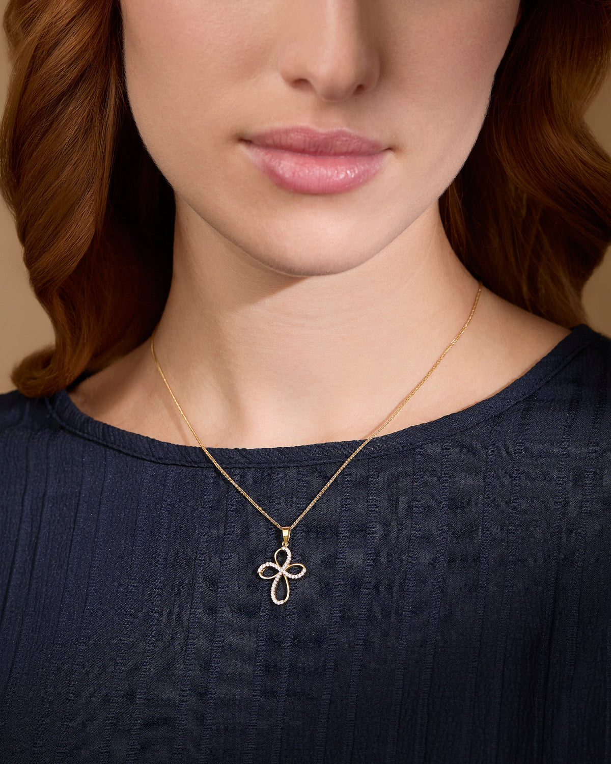 Yellow Gold Fine Bow Cross Pendant With Cubic Zirconia