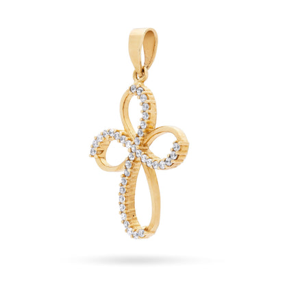 Yellow Gold Fine Bow Cross Pendant With Cubic Zirconia