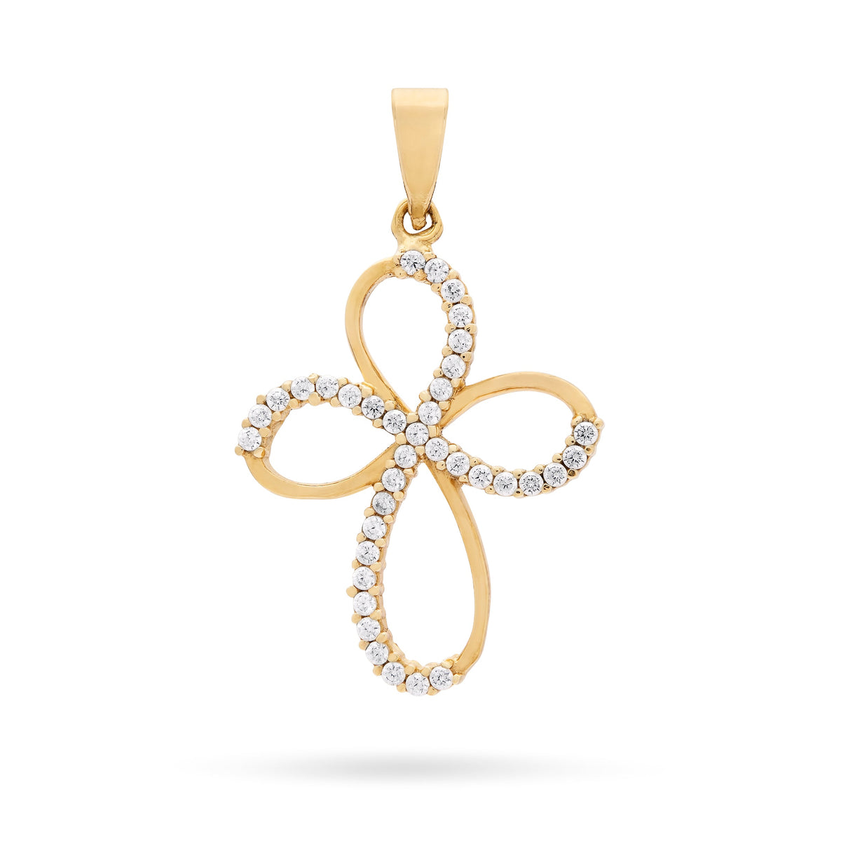 Yellow Gold Fine Bow Cross Pendant With Cubic Zirconia