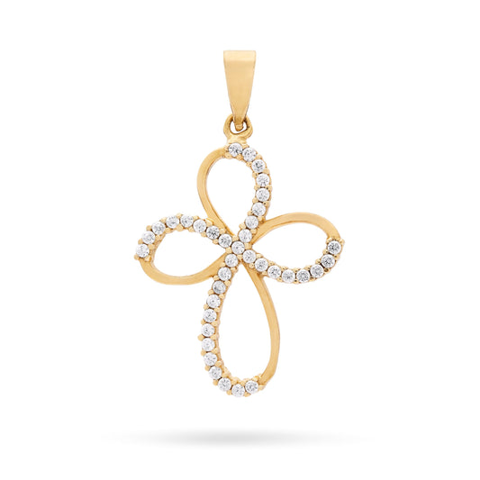 Yellow Gold Fine Bow Cross Pendant With Cubic Zirconia