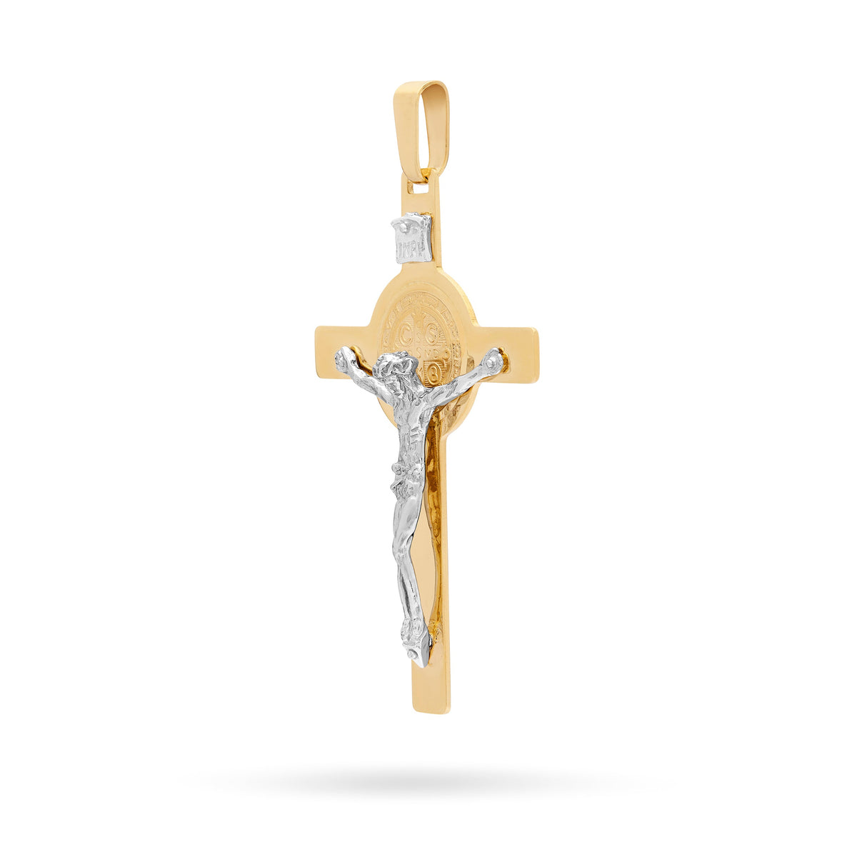Yellow Gold St. Benedict Crucifix Pendant With White Gold Corpus
