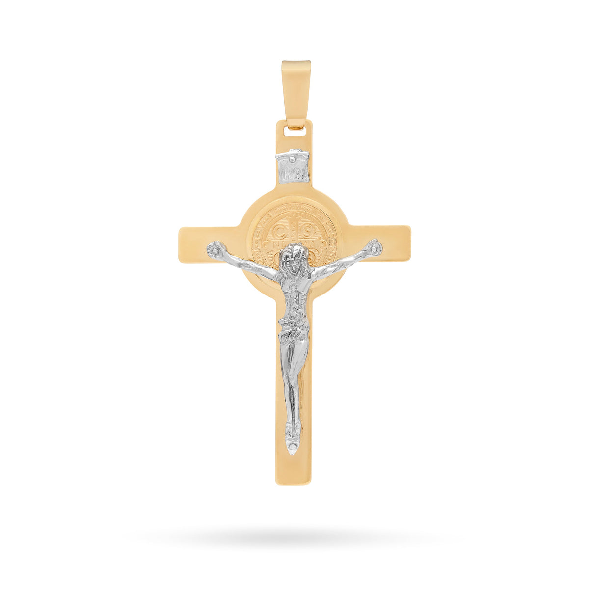 Yellow Gold St. Benedict Crucifix Pendant With White Gold Corpus