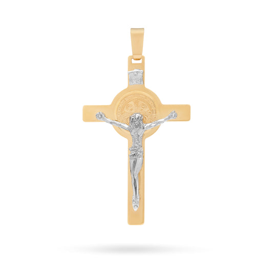 Yellow Gold St. Benedict Crucifix Pendant With White Gold Corpus