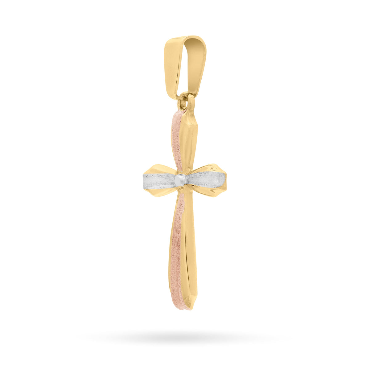 Yellow Gold Flower Cross Pendant With White Gold and Rose Gold Details
