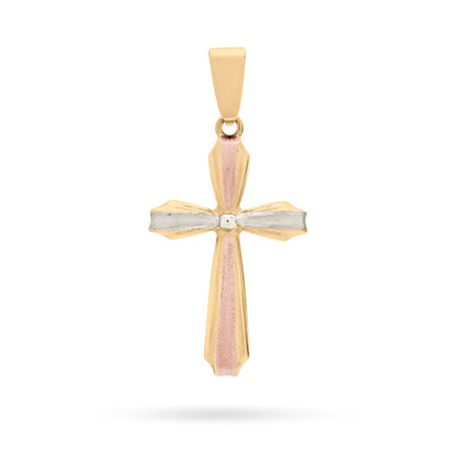 Yellow Gold Flower Cross Pendant With White Gold and Rose Gold Details