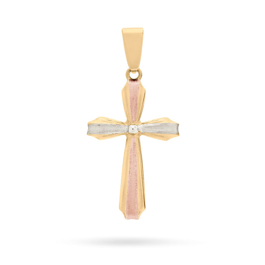 Yellow Gold Flower Cross Pendant With White Gold and Rose Gold Details
