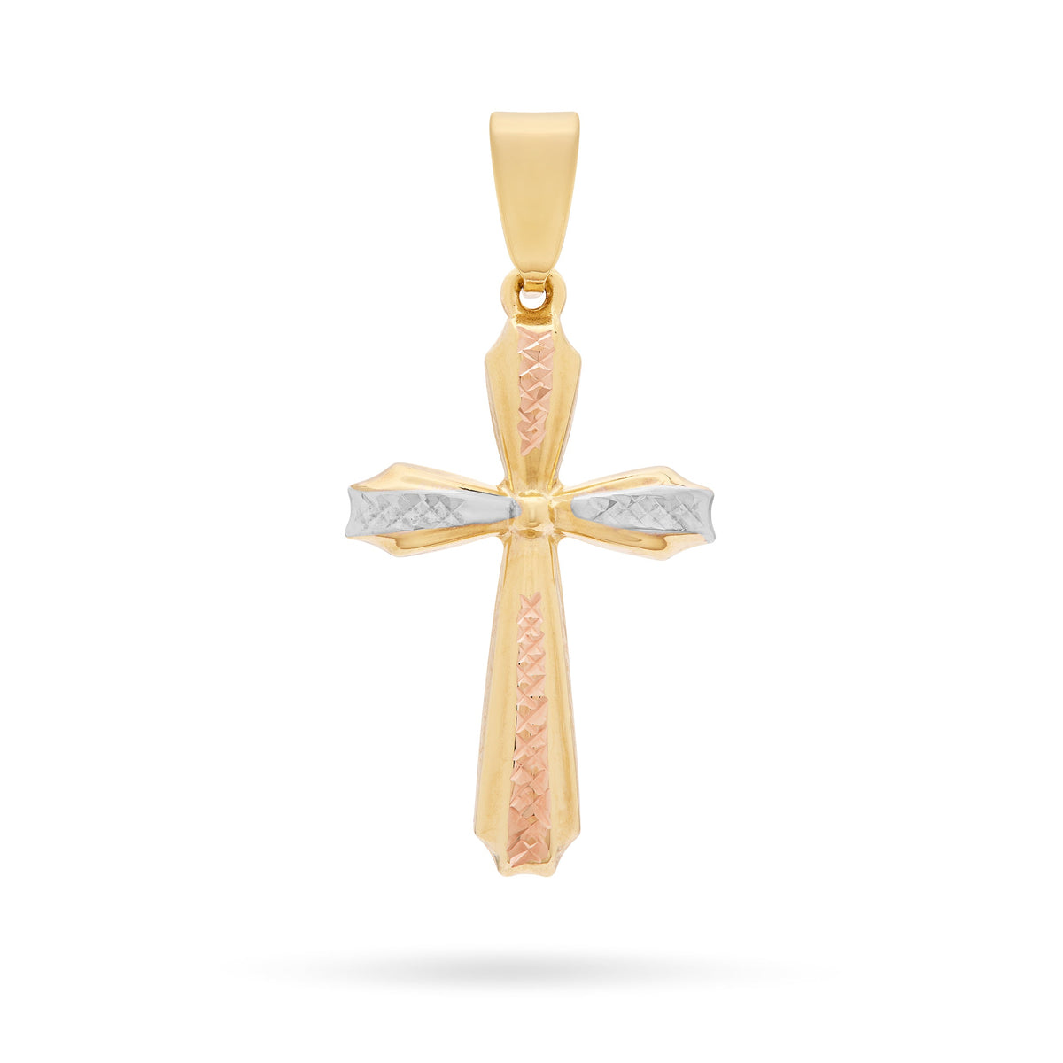 Yellow Gold Flower Cross Pendant With White Gold and Rose Gold Diamond-cut Details