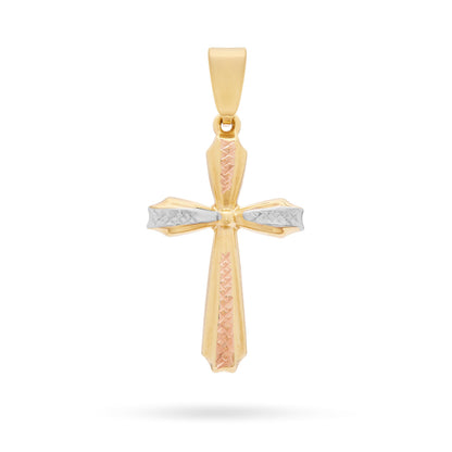 Yellow Gold Flower Cross Pendant With White Gold and Rose Gold Diamond-cut Details
