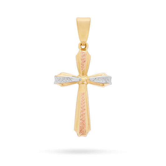 Yellow Gold Flower Cross Pendant With White Gold and Rose Gold Diamond-cut Details