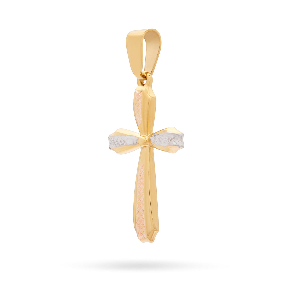 Yellow Gold Flower Cross Pendant With White Gold and Rose Gold Diamond-cut Details