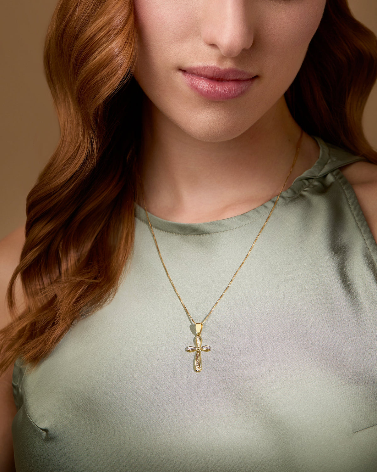 Yellow Gold Flower Cross Pendant With White Gold and Rose Gold Diamond-cut Details
