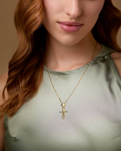 Yellow Gold Flower Cross Pendant With White Gold and Rose Gold Diamond-cut Details