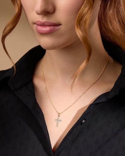 Yellow Gold Hollow Cross Pendant With Rhombus-shaped White Gold Details