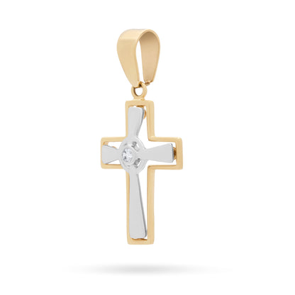 Yellow Gold Hollow Cross Pendant With White Gold Inner Cross and Central Cubic Zirconia