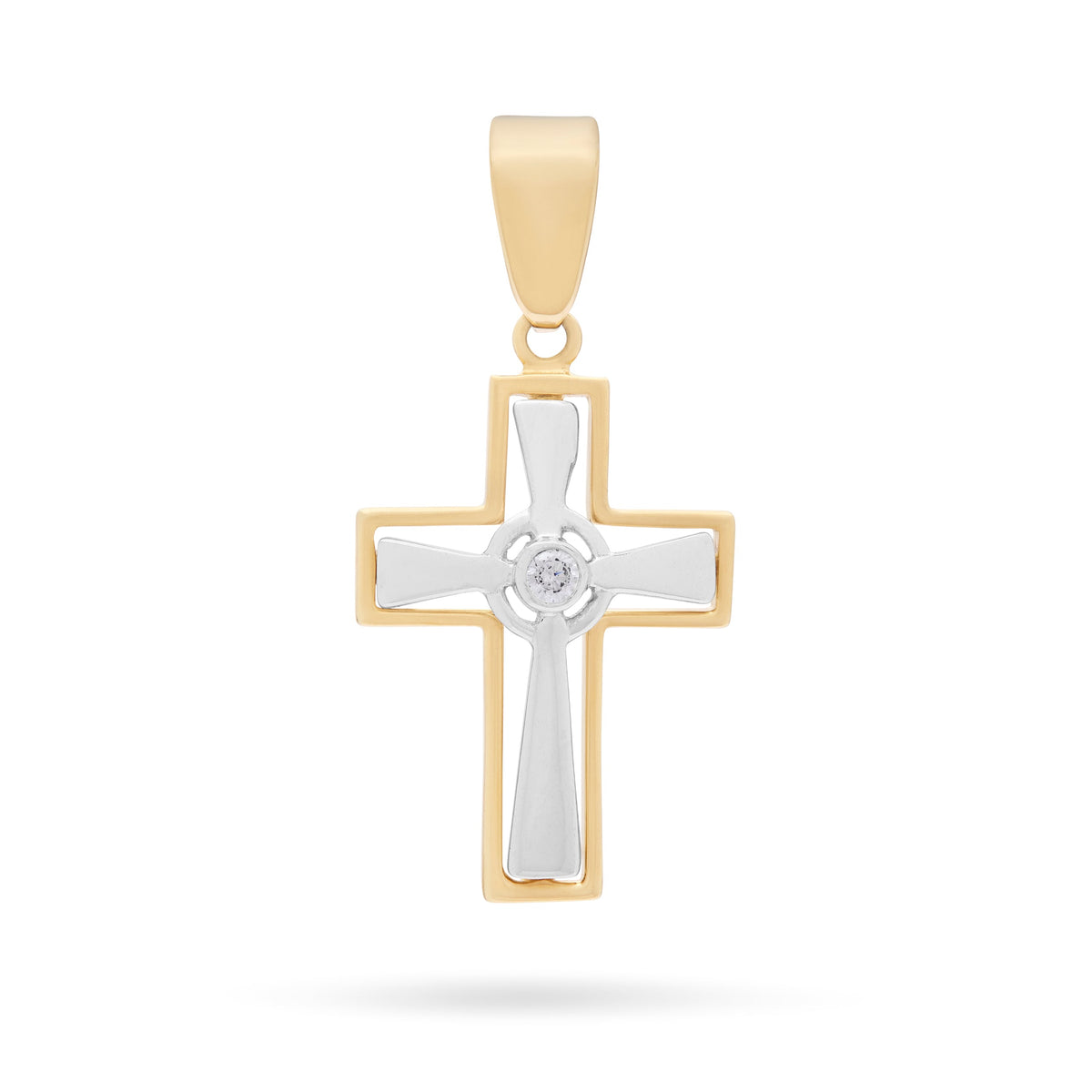 Yellow Gold Hollow Cross Pendant With White Gold Inner Cross and Central Cubic Zirconia