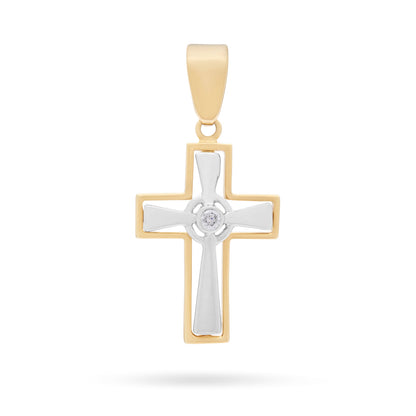 Yellow Gold Hollow Cross Pendant With White Gold Inner Cross and Central Cubic Zirconia