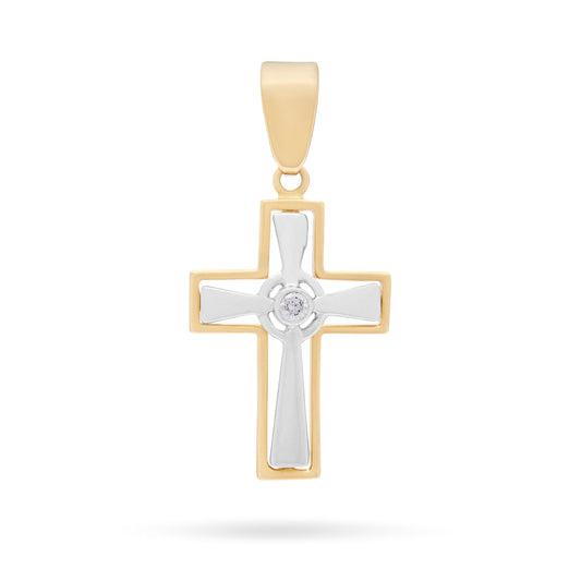 Yellow Gold Hollow Cross Pendant With White Gold Inner Cross and Central Cubic Zirconia
