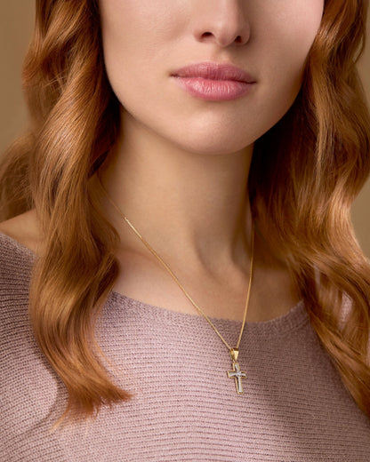 Yellow Gold Hollow Cross Pendant With White Gold Inner Cross and Central Cubic Zirconia