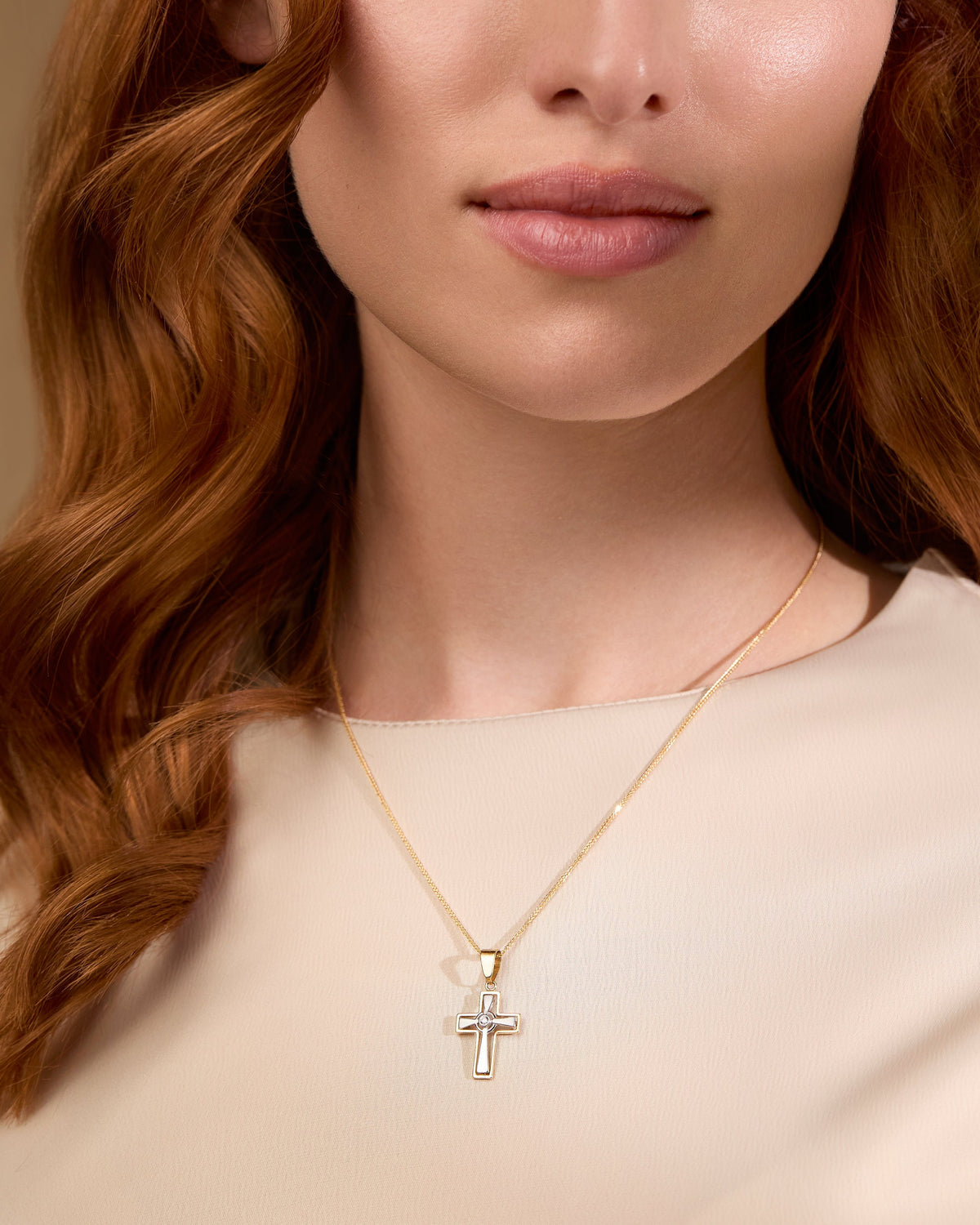 Yellow Gold Hollow Cross Pendant With White Gold Inner Cross and Central Cubic Zirconia