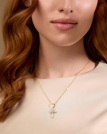Yellow Gold Hollow Cross Pendant With White Gold Inner Cross and Central Cubic Zirconia