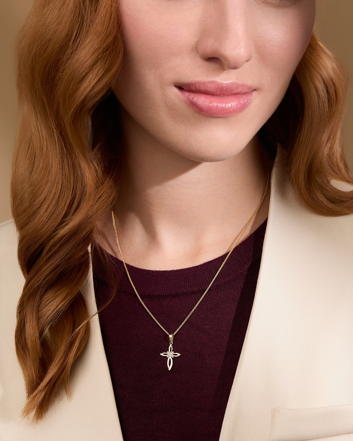 Yellow Gold Hollow Flower Cross Pendant With Cubic Zirconia in the Center