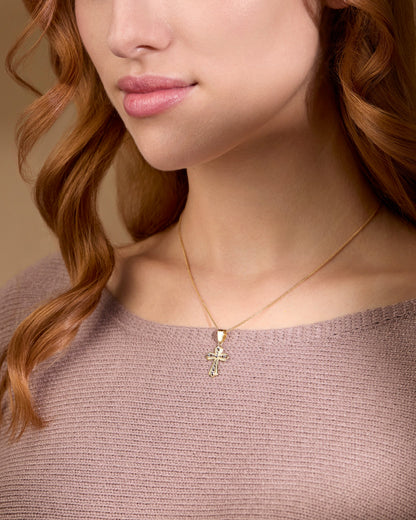 Yellow Gold Hollow Flower Cross Pendant With White Gold Dots