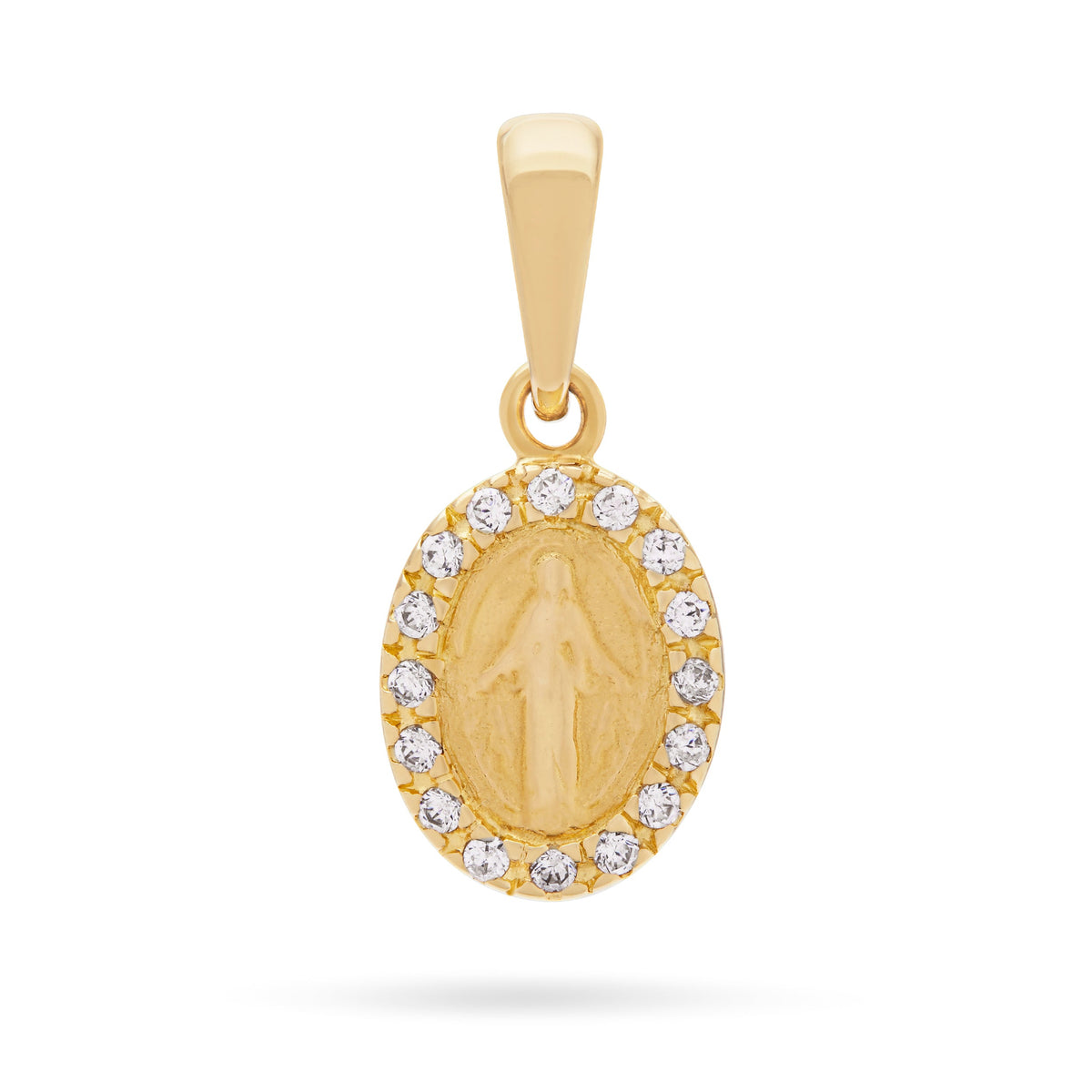 Yellow Gold Miraculous Medal with Large Cubic Zirconia and Smooth Bail
