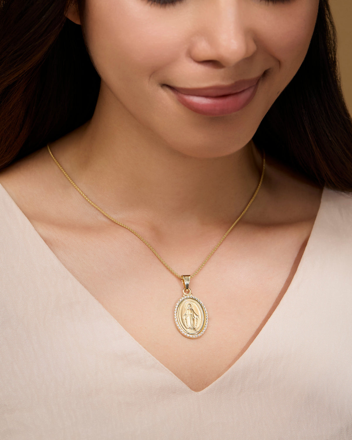 Yellow Gold Miraculous Medal with Cubic Zirconia and Smooth Bail