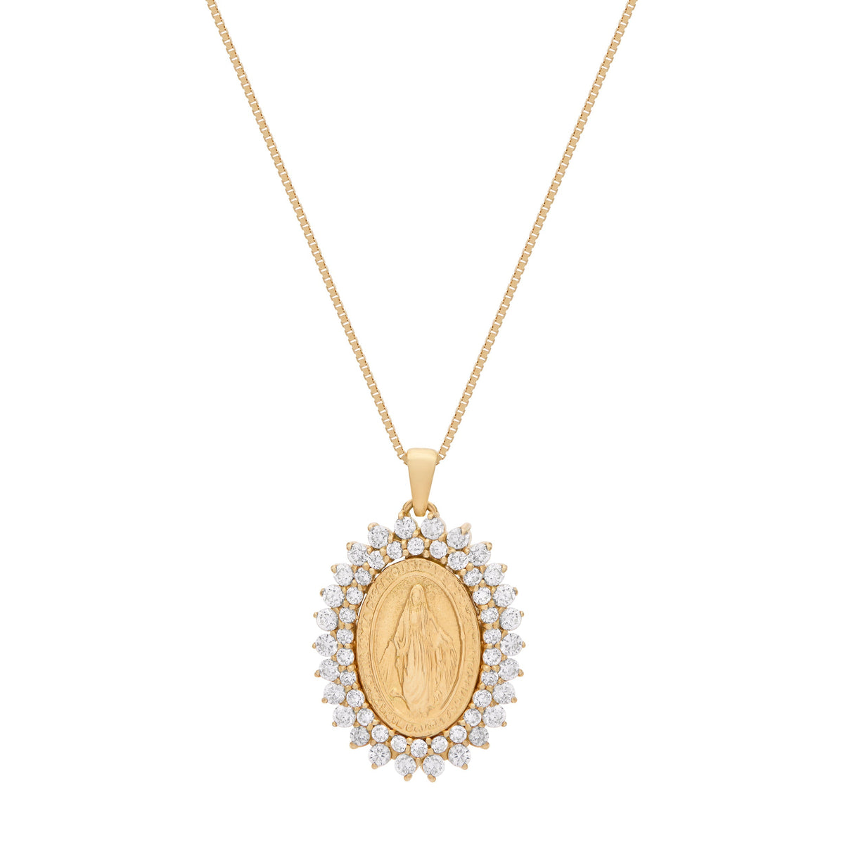 Small Yellow Gold Miraculous Medal with Diamonds and Yellow Gold Chain