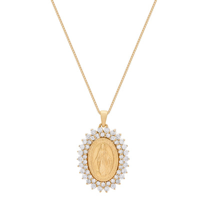 Small Yellow Gold Miraculous Medal with Diamonds and Yellow Gold Chain