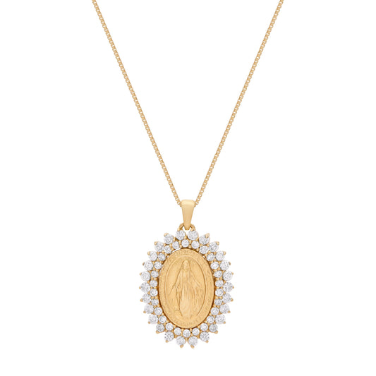 Small Yellow Gold Miraculous Medal with Diamonds and Yellow Gold Chain