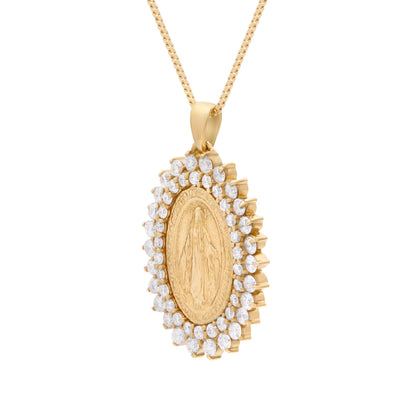 Small Yellow Gold Miraculous Medal with Diamonds and Yellow Gold Chain