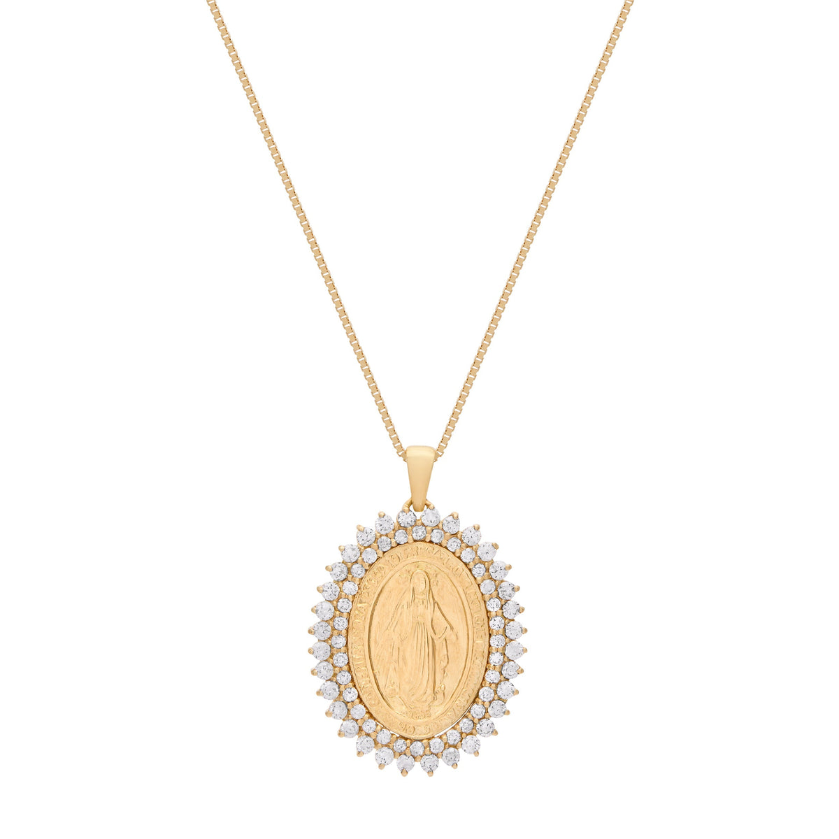 Yellow Gold Miraculous Medal with Diamonds and Yellow Gold Chain