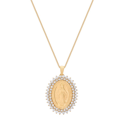 Yellow Gold Miraculous Medal with Diamonds and Yellow Gold Chain