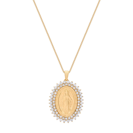 Yellow Gold Miraculous Medal with Diamonds and Yellow Gold Chain