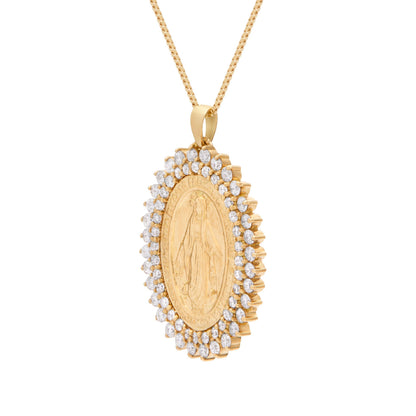 Yellow Gold Miraculous Medal with Diamonds and Yellow Gold Chain