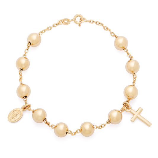 Yellow Gold Rosary Bracelet with Miraculous Medal and Cross Pendants