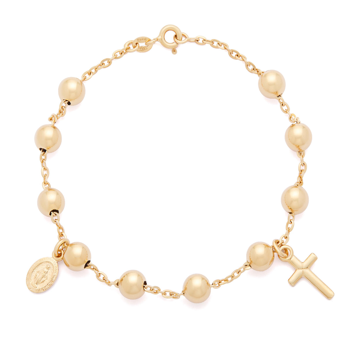 Yellow Gold Rosary Bracelet with Miraculous Medal and Cross Pendants