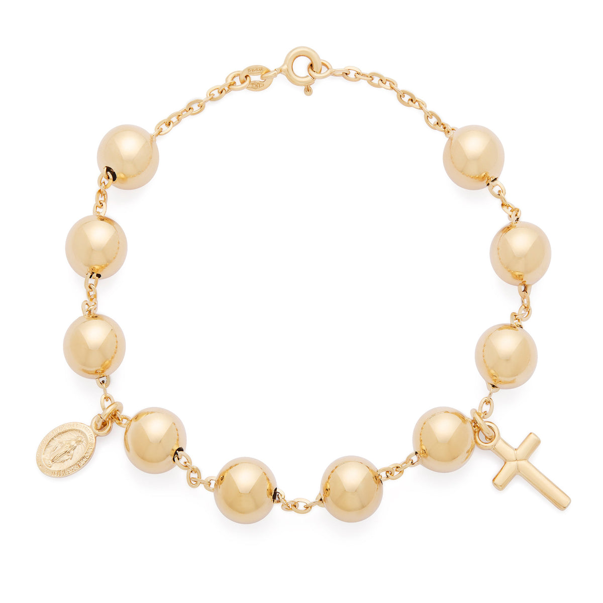 Yellow Gold Rosary Bracelet with Miraculous Medal and Cross Pendants