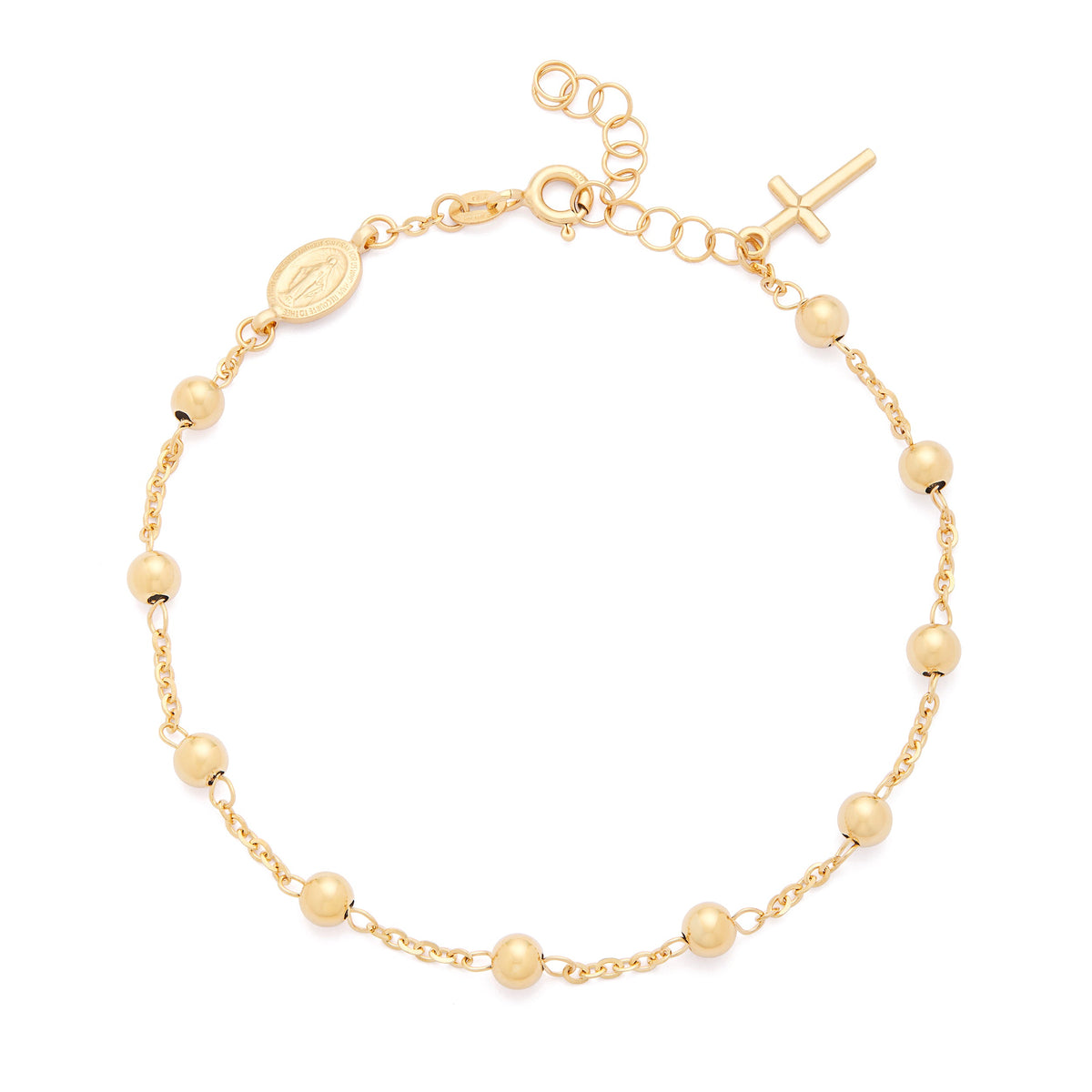 Yellow Gold Rosary Bracelet with Miraculous Medal and Pendant Cross