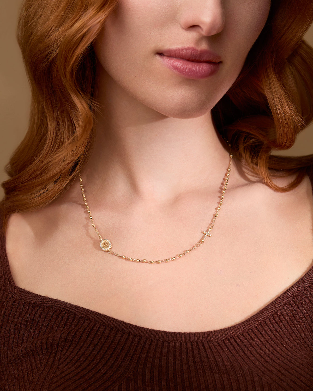 Yellow Gold Rosary Necklace with Cubic Zirconia