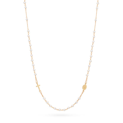 Yellow Gold Rosary Necklace with White Pearl Beads