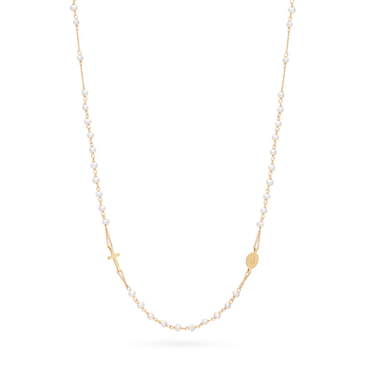 Yellow Gold Rosary Necklace with White Pearl Beads